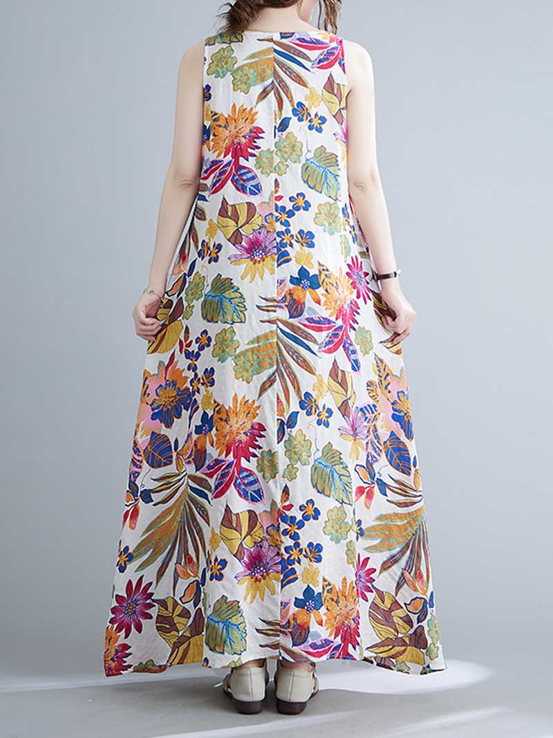 Sleeveless Cotton Floral A-Line Dress - Image 3