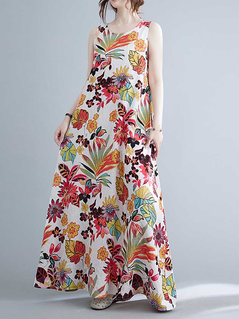 Sleeveless Cotton Floral A-Line Dress - Image 4