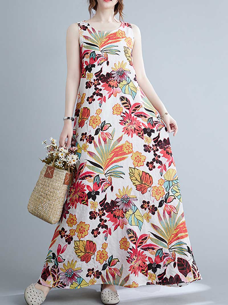 Sleeveless Cotton Floral A-Line Dress - Image 7