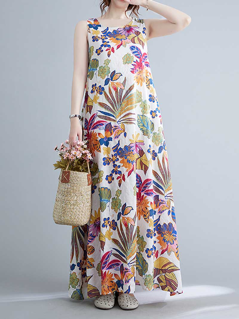 Sleeveless Cotton Floral A-Line Dress - Image 8