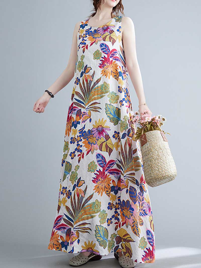 Sleeveless Cotton Floral A-Line Dress - Image 9