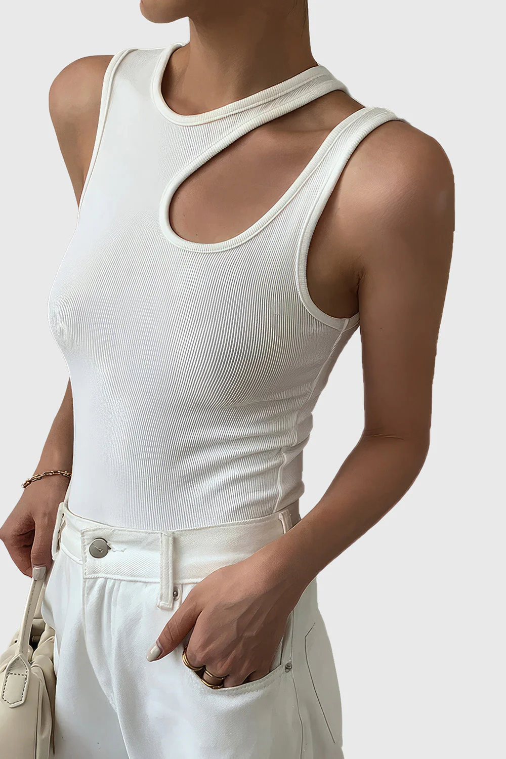 Sleeveless Top with Shoulder Cut - White - Image 2