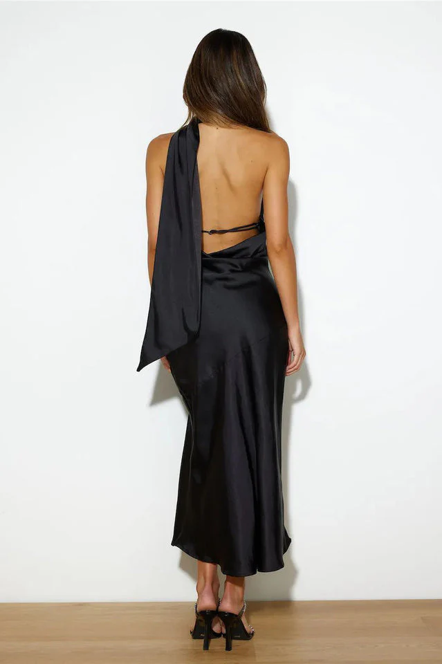 Slinky Open Back Halter Satin Dress - Image 10