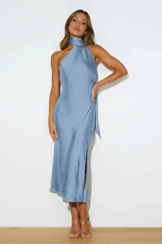 Slinky Open Back Halter Satin Dress - Image 11