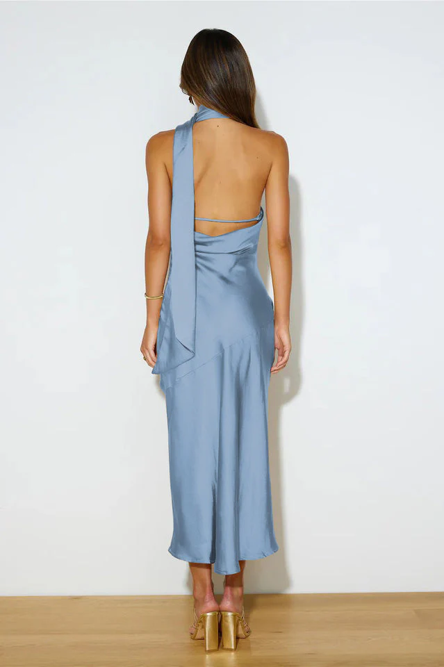 Slinky Open Back Halter Satin Dress - Image 14