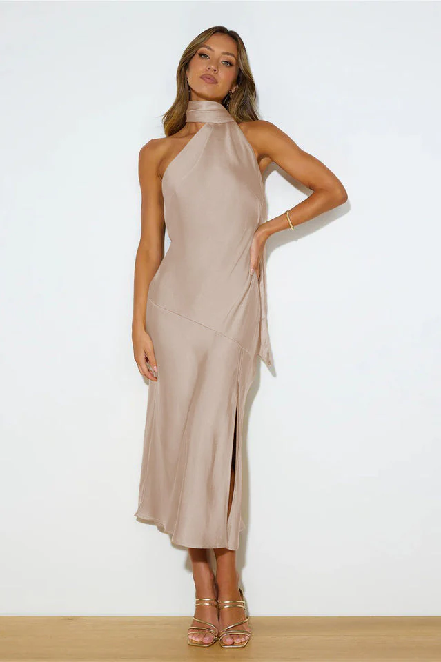Slinky Open Back Halter Satin Dress - Image 19