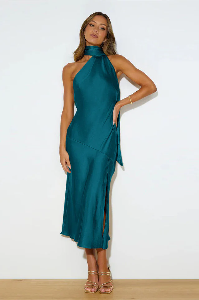 Slinky Open Back Halter Satin Dress - Image 2