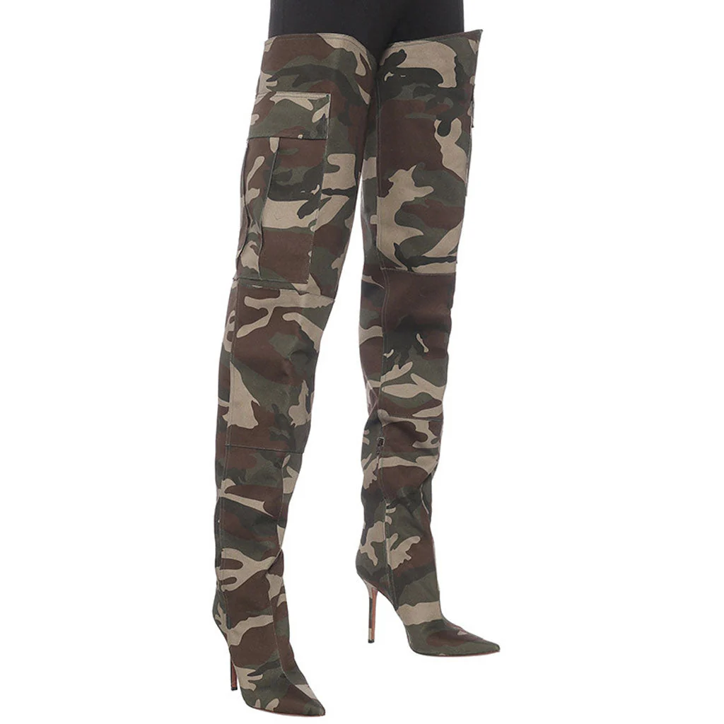 Slouchy Camo Print Over Knee Pointed Toe Stiletto Boots - Military Green - Image 3