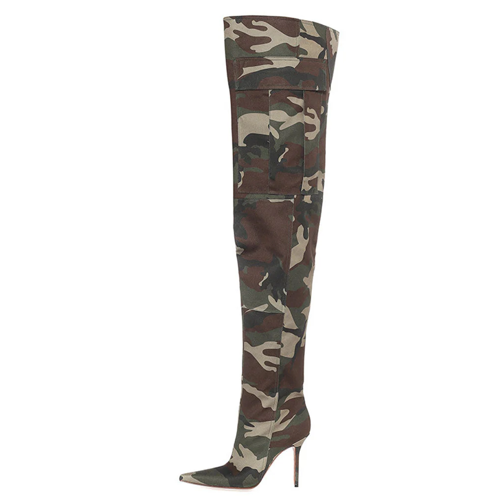 Slouchy Camo Print Over Knee Pointed Toe Stiletto Boots - Military Green - Image 4