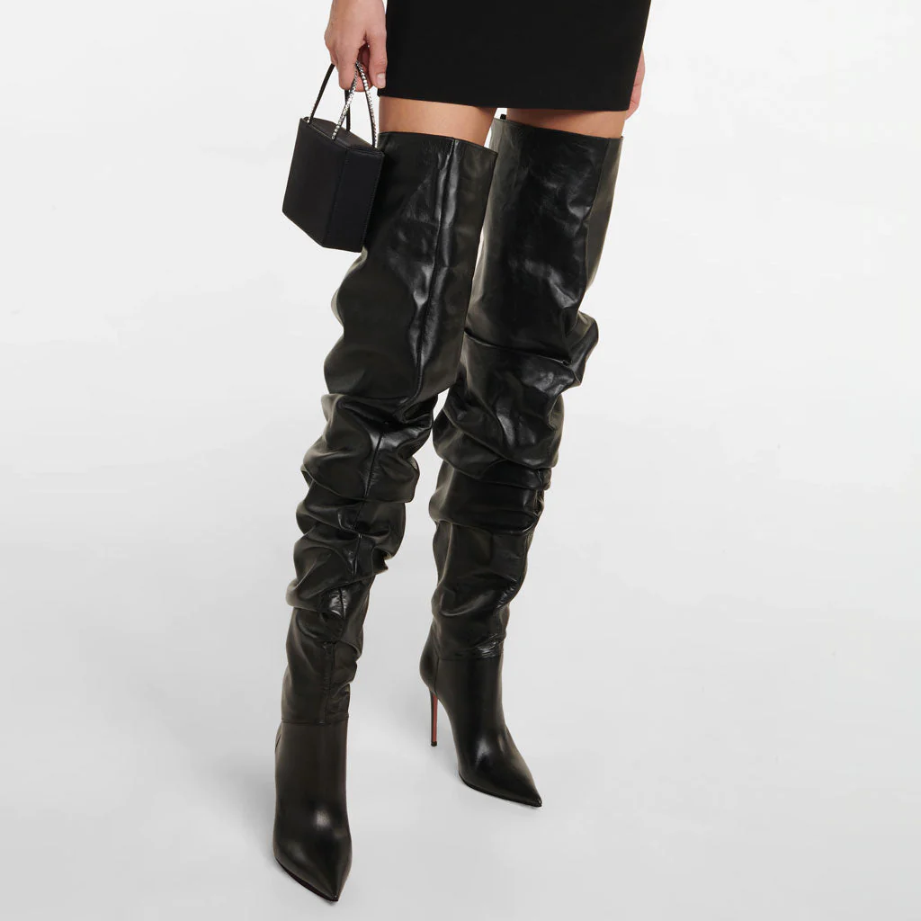 Slouchy Faux Leather Over Knee Pointed Toe Stiletto Boots - Black - Image 2