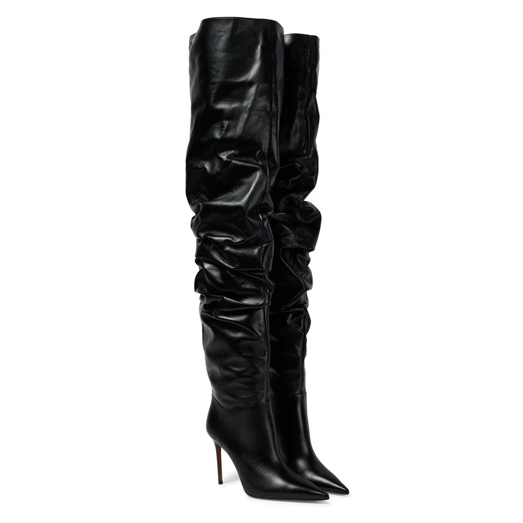 Slouchy Faux Leather Over Knee Pointed Toe Stiletto Boots - Black - Image 3
