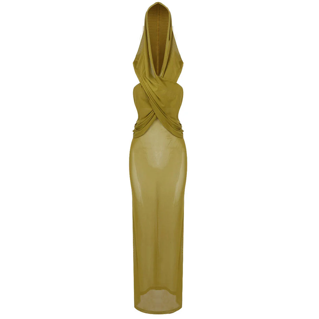 Slouchy Hooded Cross Over Open Back Sleeveless Maxi Sheer Mesh Dress - Image 4