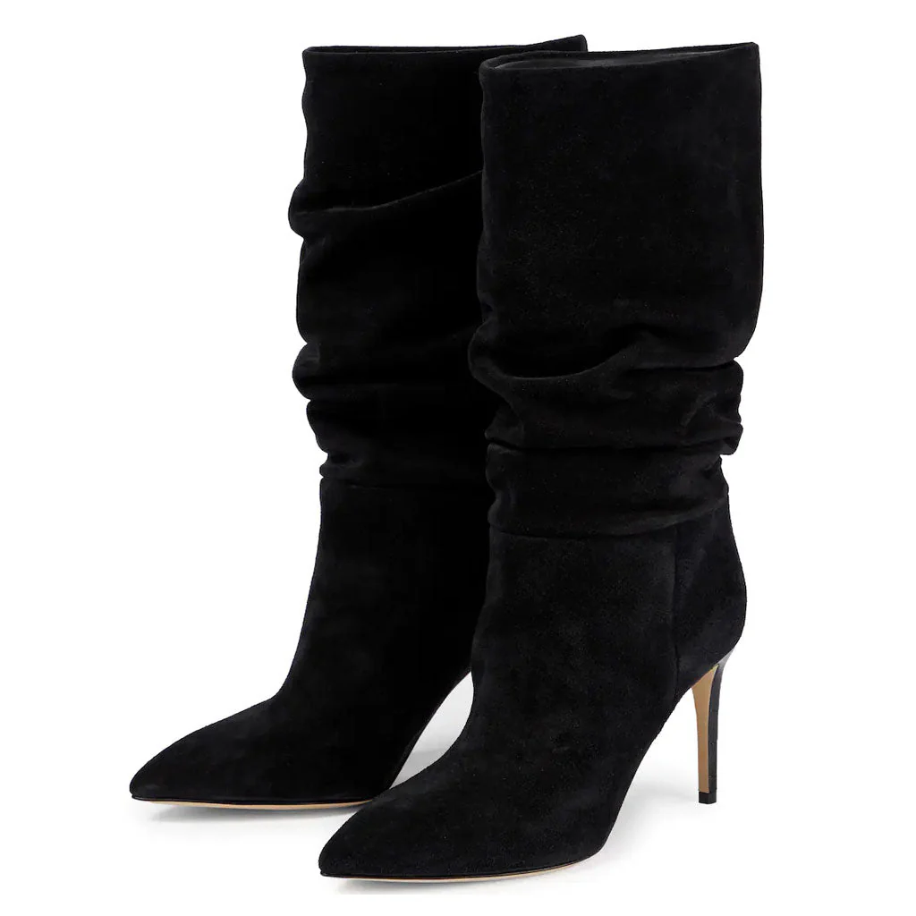 Slouchy Mid Calf Pointed Toe Stiletto Suede Boots - Black - Image 3