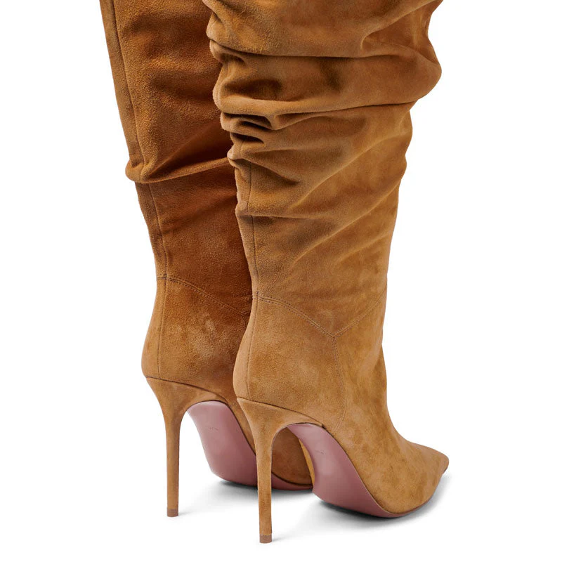 Slouchy Pointed Toe Over Knee Stiletto Suede Boots - Camel - Image 3