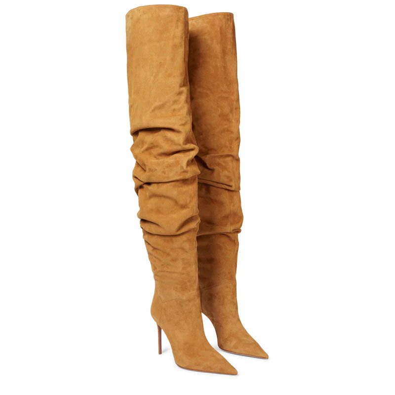 Slouchy Pointed Toe Over Knee Stiletto Suede Boots - Camel - Image 4