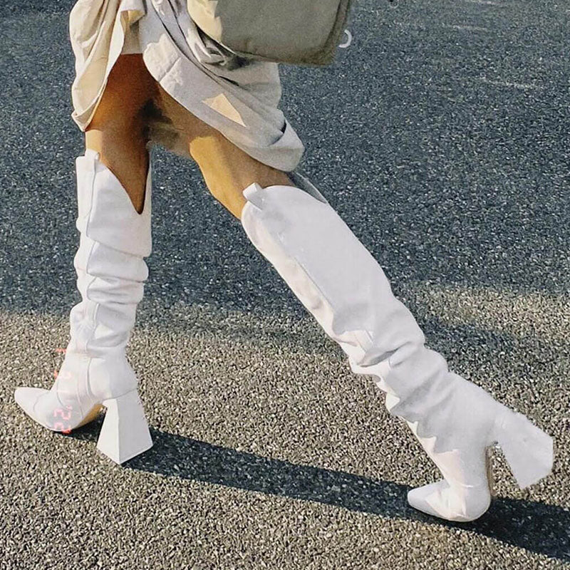 Slouchy Pointed Toe Sculptural Block Heel Knee High Boots - White - Image 4