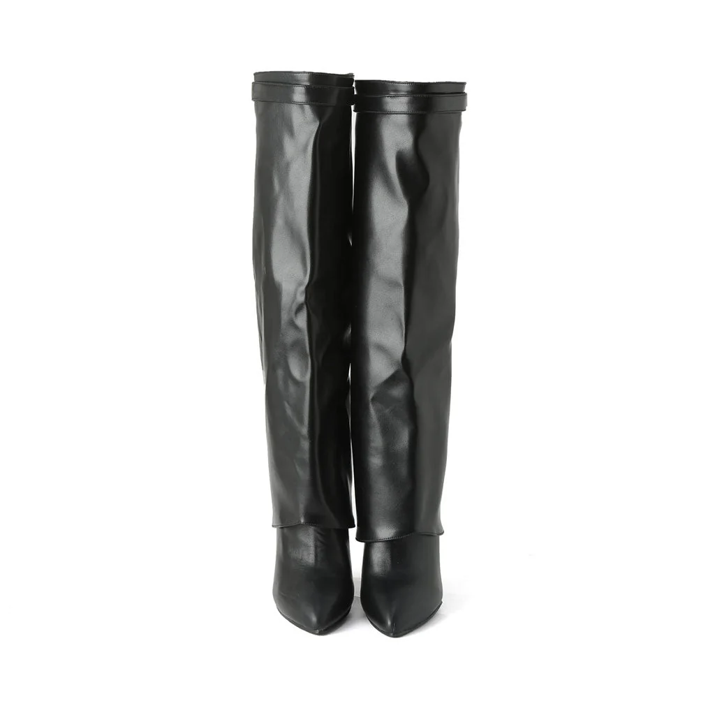 Slouchy Pointed Toe Wedge Heel Mid Calf Leather Boots - Black - Image 3