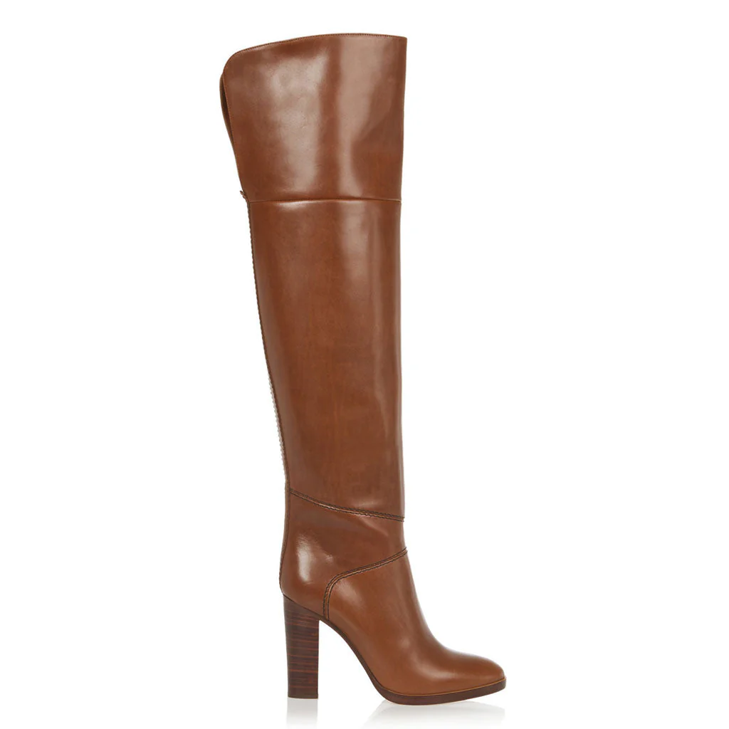 Slouchy Round Toe Block Heel Faux Leather Over Knee Boots - Brown - Image 2