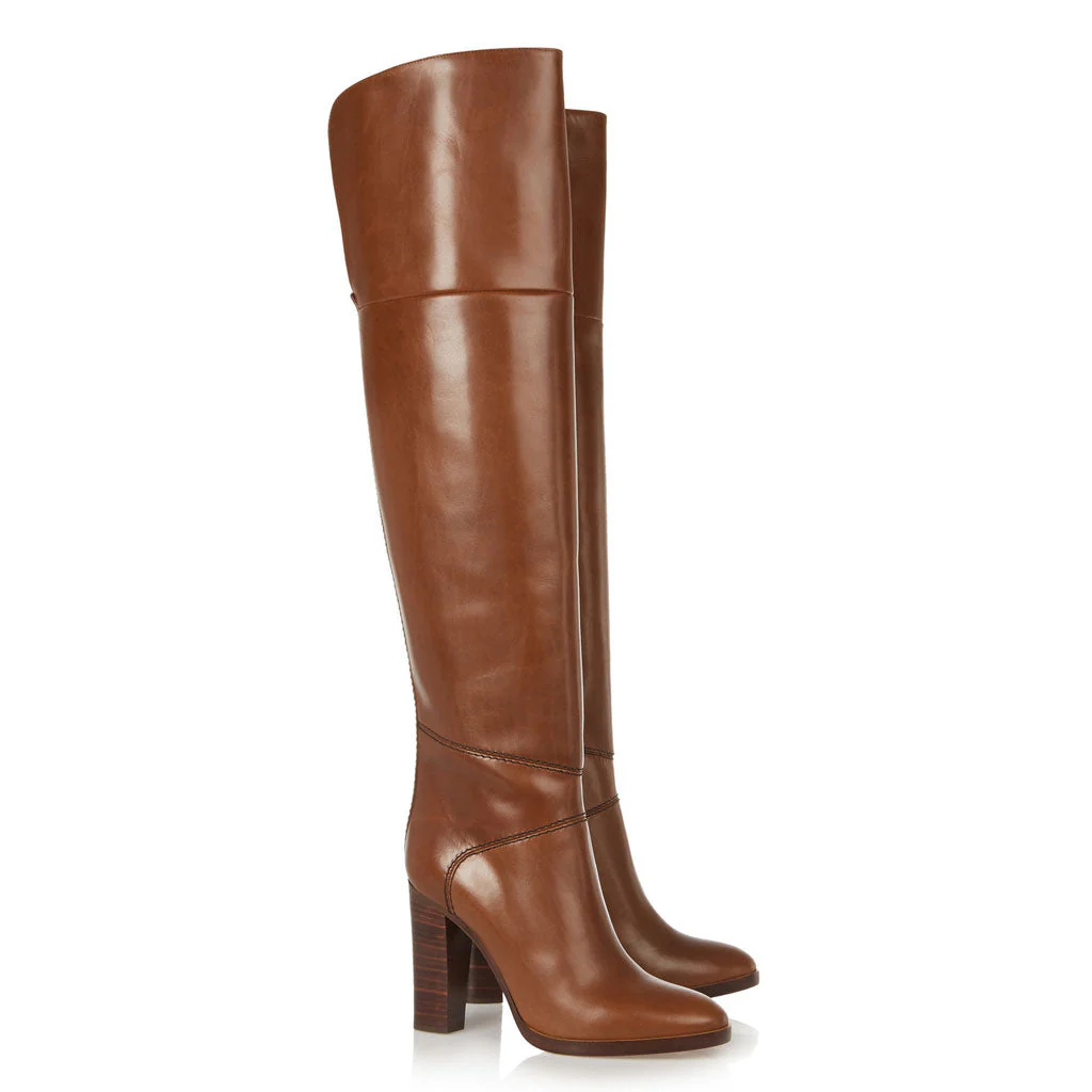 Slouchy Round Toe Block Heel Faux Leather Over Knee Boots - Brown - Image 3