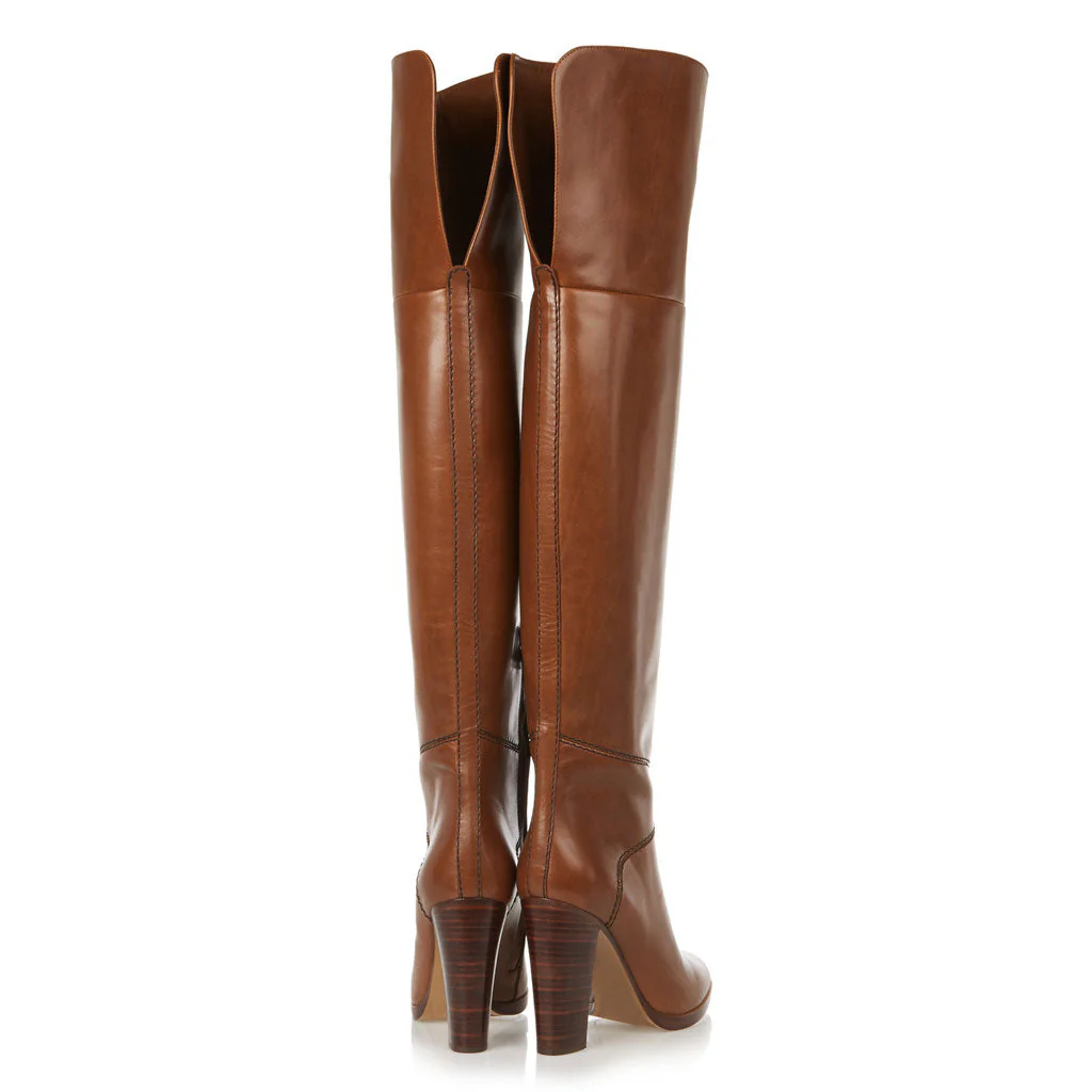 Slouchy Round Toe Block Heel Faux Leather Over Knee Boots - Brown - Image 4