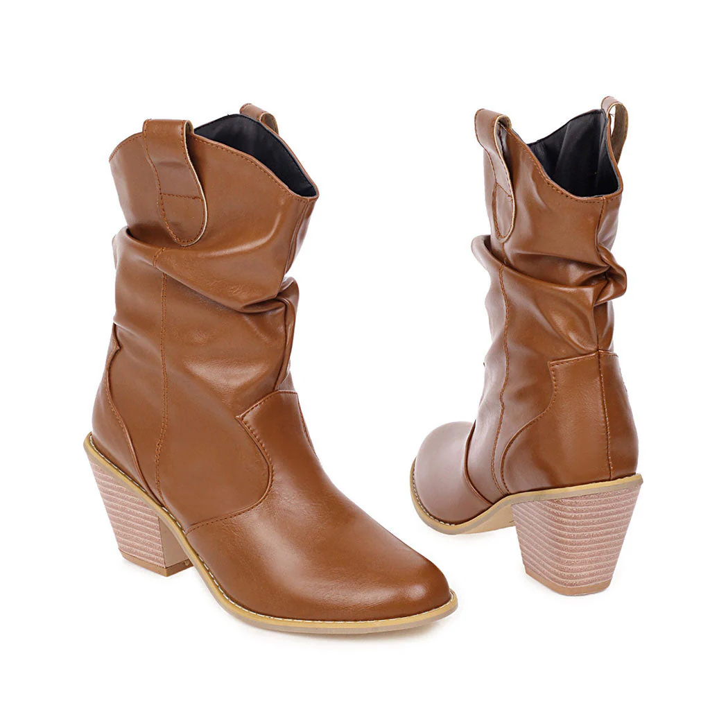 Slouchy Round Toe Cuban Heel Faux Leather Ankle Boots - Brown - Image 2