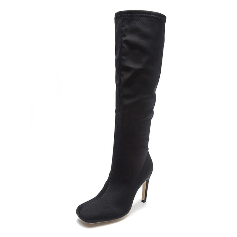 Slouchy Square Toe Side Zipper Stiletto Heel Knee High Boots - Black - Image 5