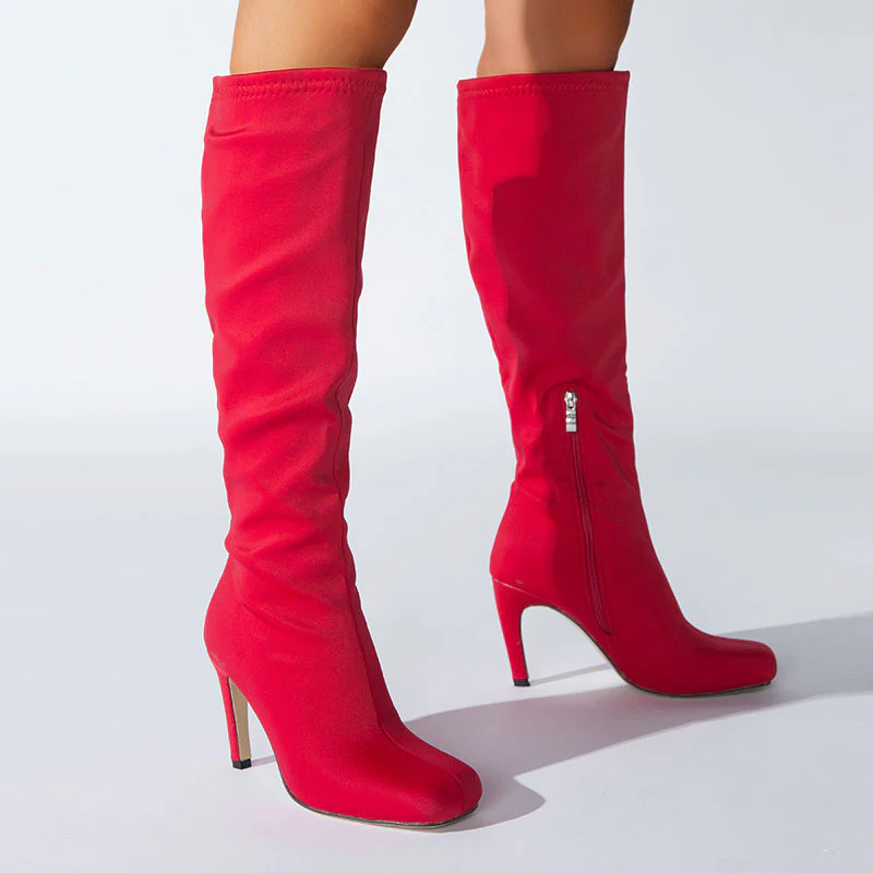 Slouchy Square Toe Side Zipper Stiletto Heel Knee High Boots - Red - Image 3