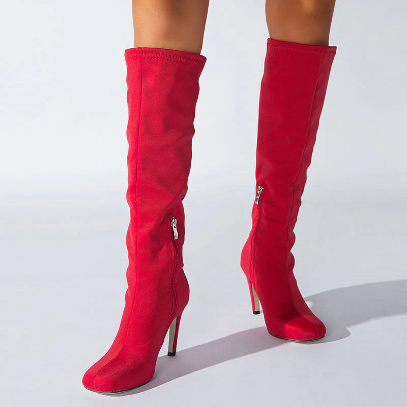 Slouchy Square Toe Side Zipper Stiletto Heel Knee High Boots - Red - Image 4