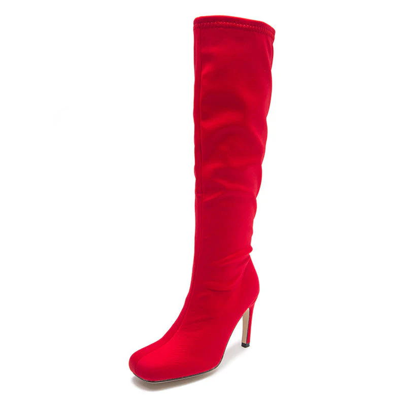 Slouchy Square Toe Side Zipper Stiletto Heel Knee High Boots - Red - Image 5