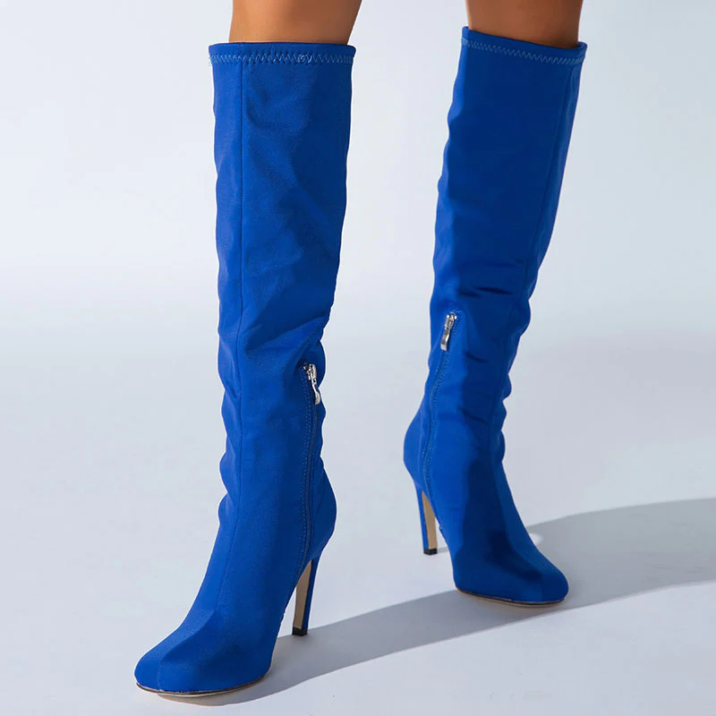 Slouchy Square Toe Side Zipper Stiletto Heel Knee High Boots - Royal Blue - Image 4