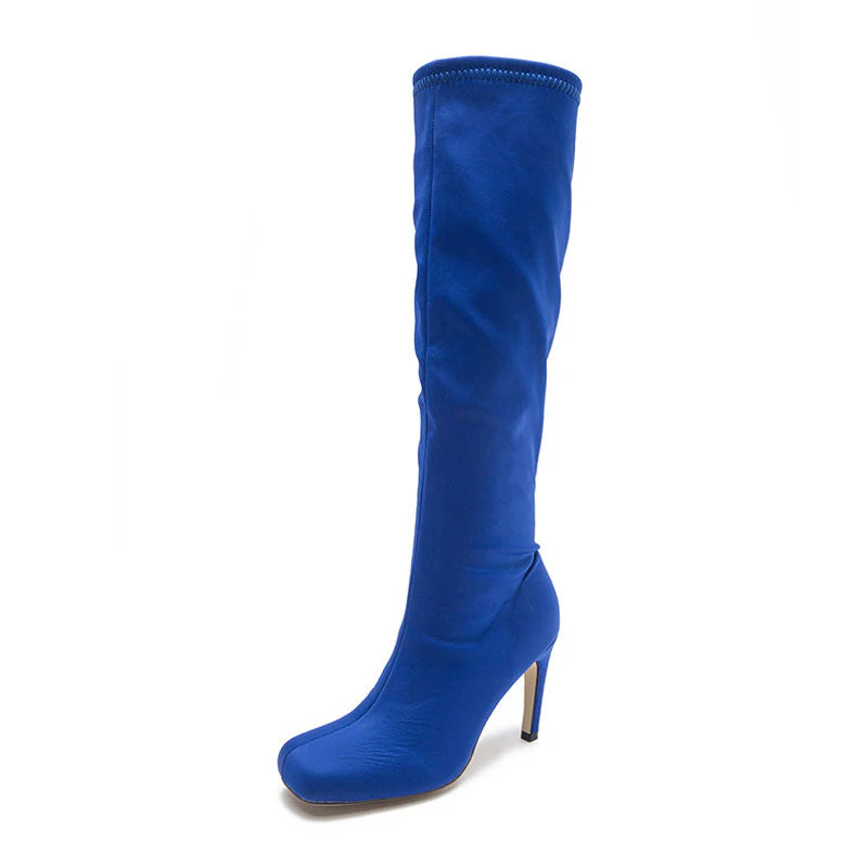 Slouchy Square Toe Side Zipper Stiletto Heel Knee High Boots - Royal Blue - Image 5