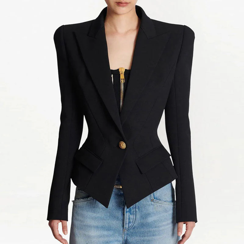 Smart Gold Embossed Button Single Breasted Peak Lapel Deep V Neck Tailored Blazer - Image 2