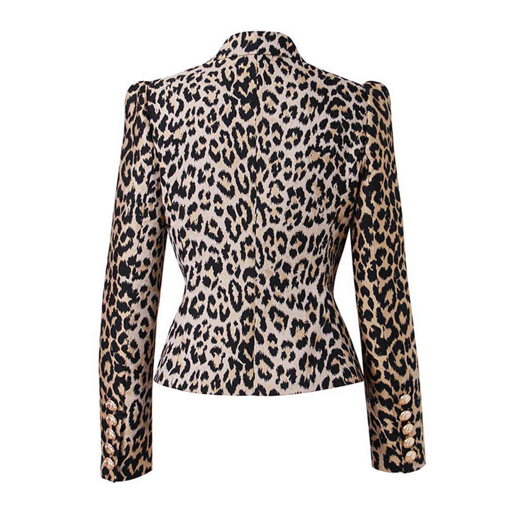Smart Gold Toned Button Leopard Print Peak Lapel Double Breasted Tailored Blazer - Image 2