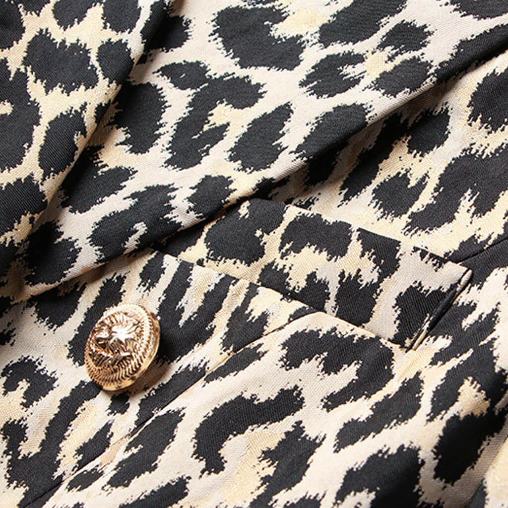 Smart Gold Toned Button Leopard Print Peak Lapel Double Breasted Tailored Blazer - Image 3