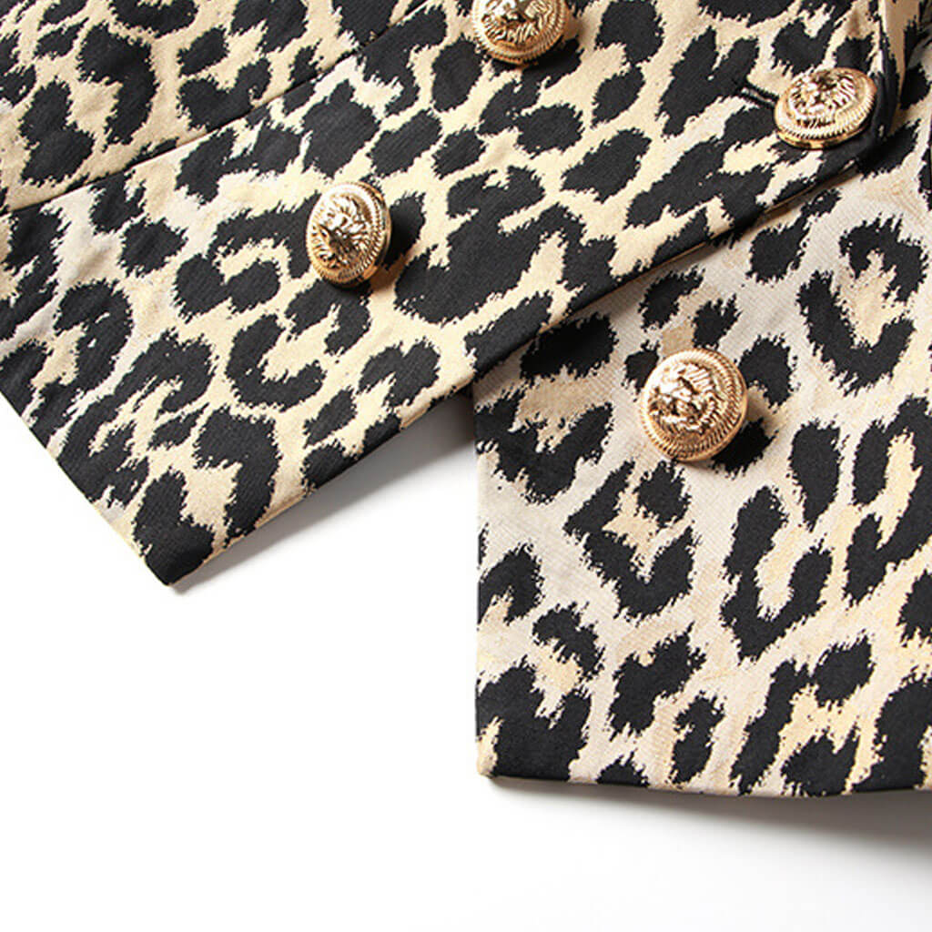 Smart Gold Toned Button Leopard Print Peak Lapel Double Breasted Tailored Blazer - Image 4