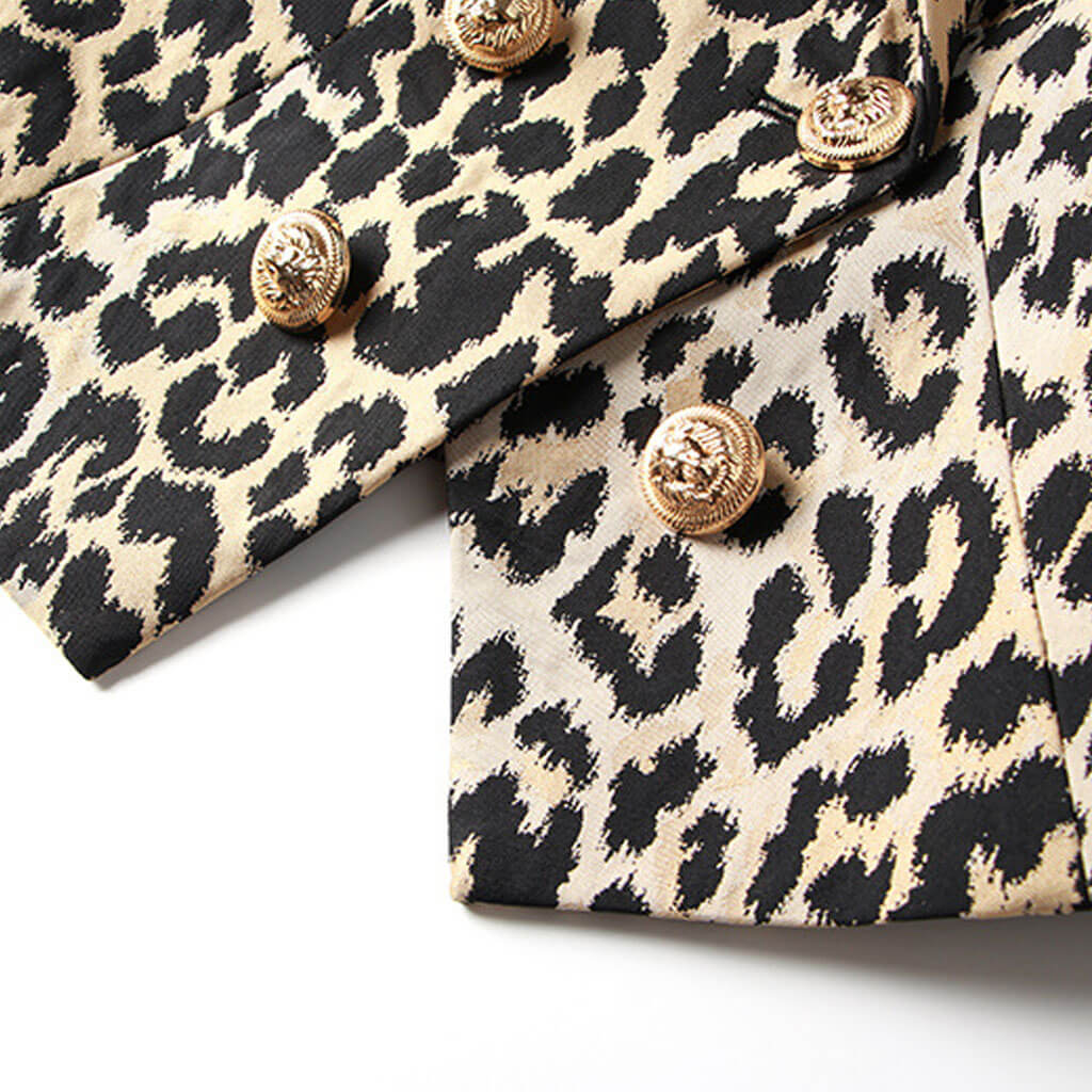 Smart Gold Toned Button Leopard Print Peak Lapel Double Breasted Tailored Blazer - Image 5