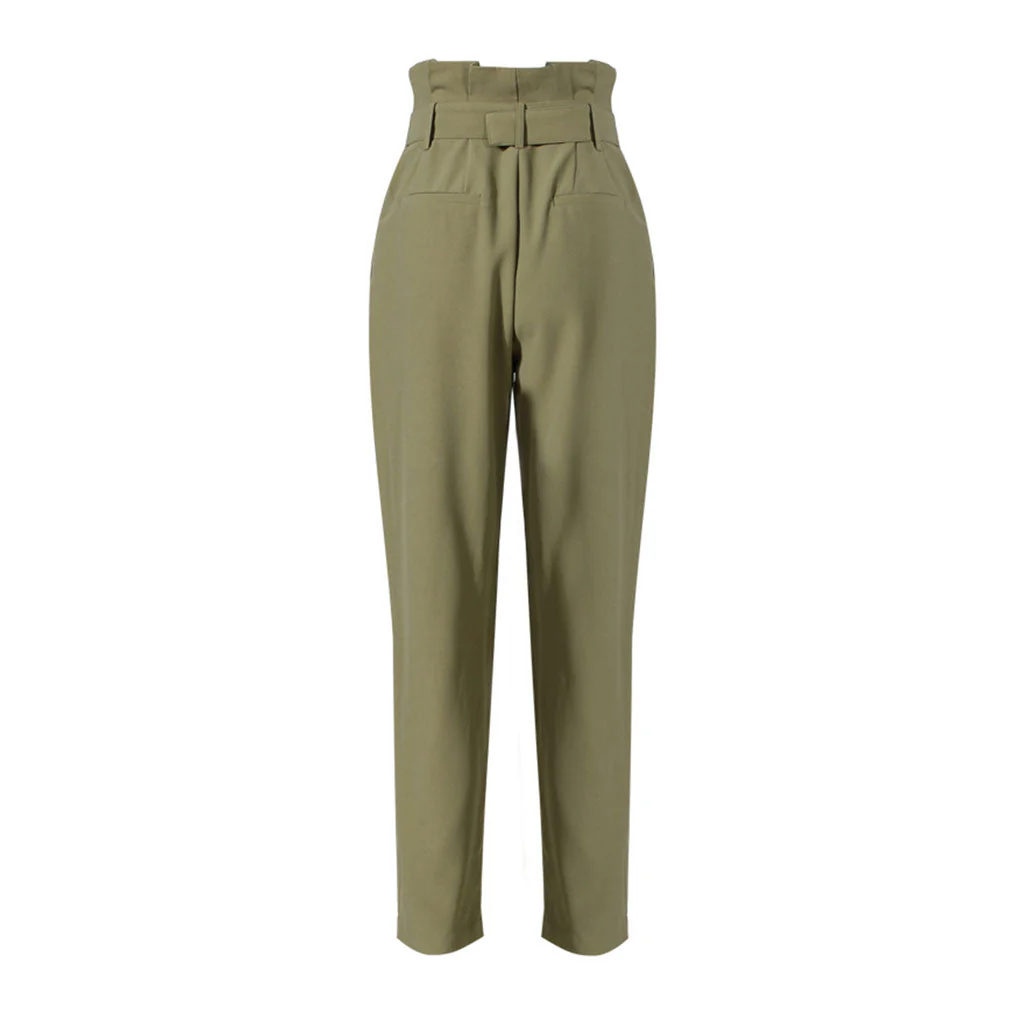 Smart Solid Color Belted Pleated High Waist Taper Pants - Image 2