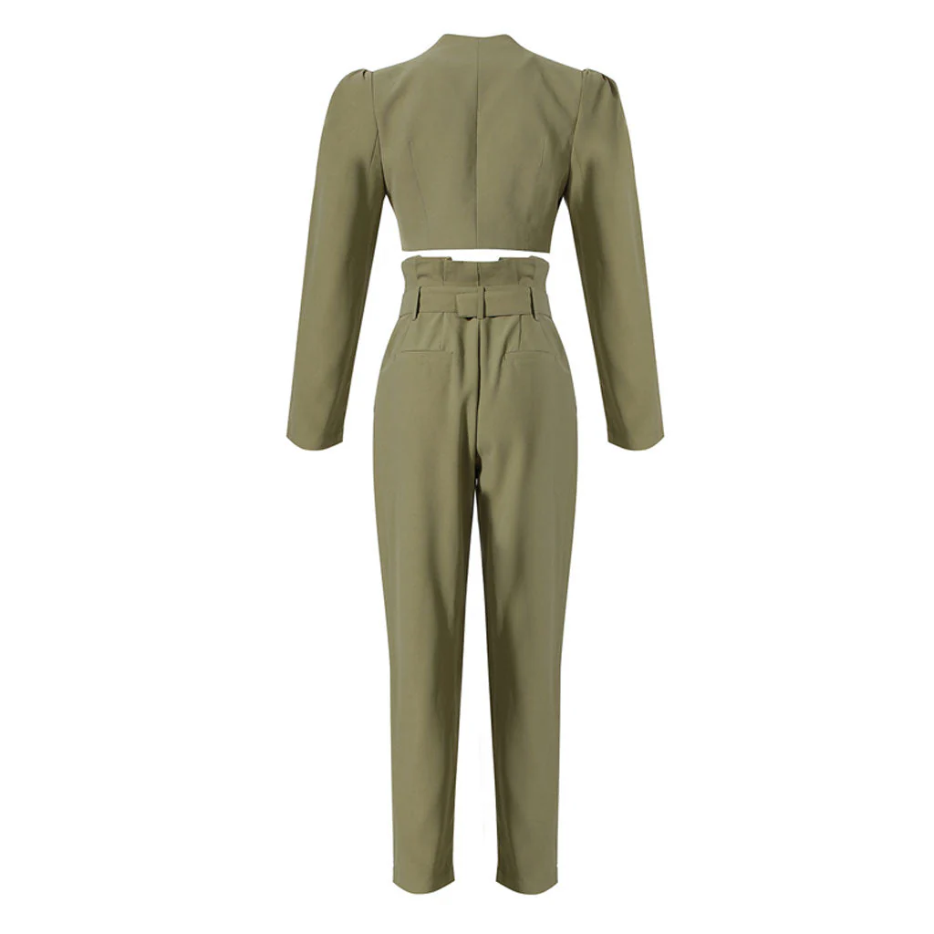 Smart Solid Color Belted Pleated High Waist Taper Pants - Image 4