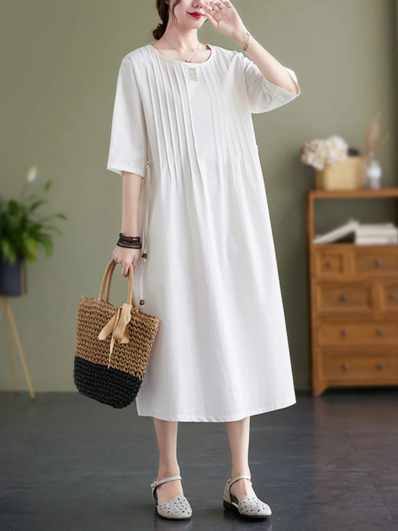 Time Tru Solid Cotton Linen A-line Dress - Image 2
