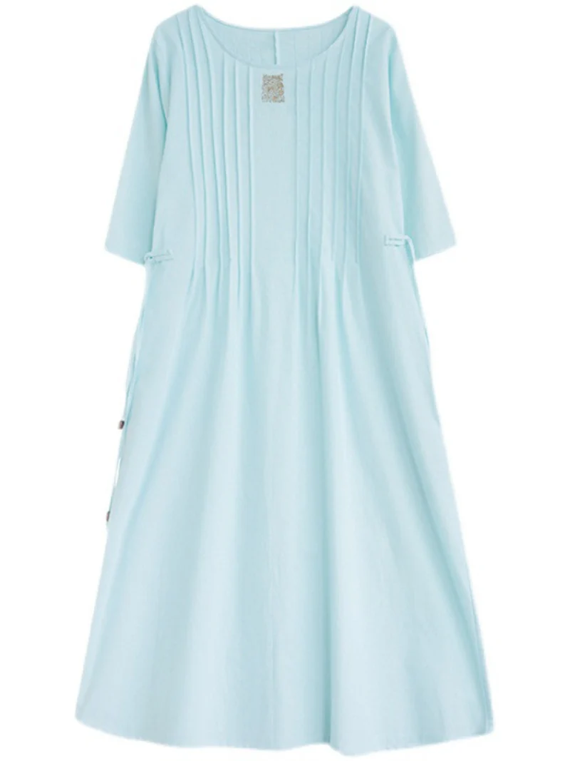 Time Tru Solid Cotton Linen A-line Dress - Image 3
