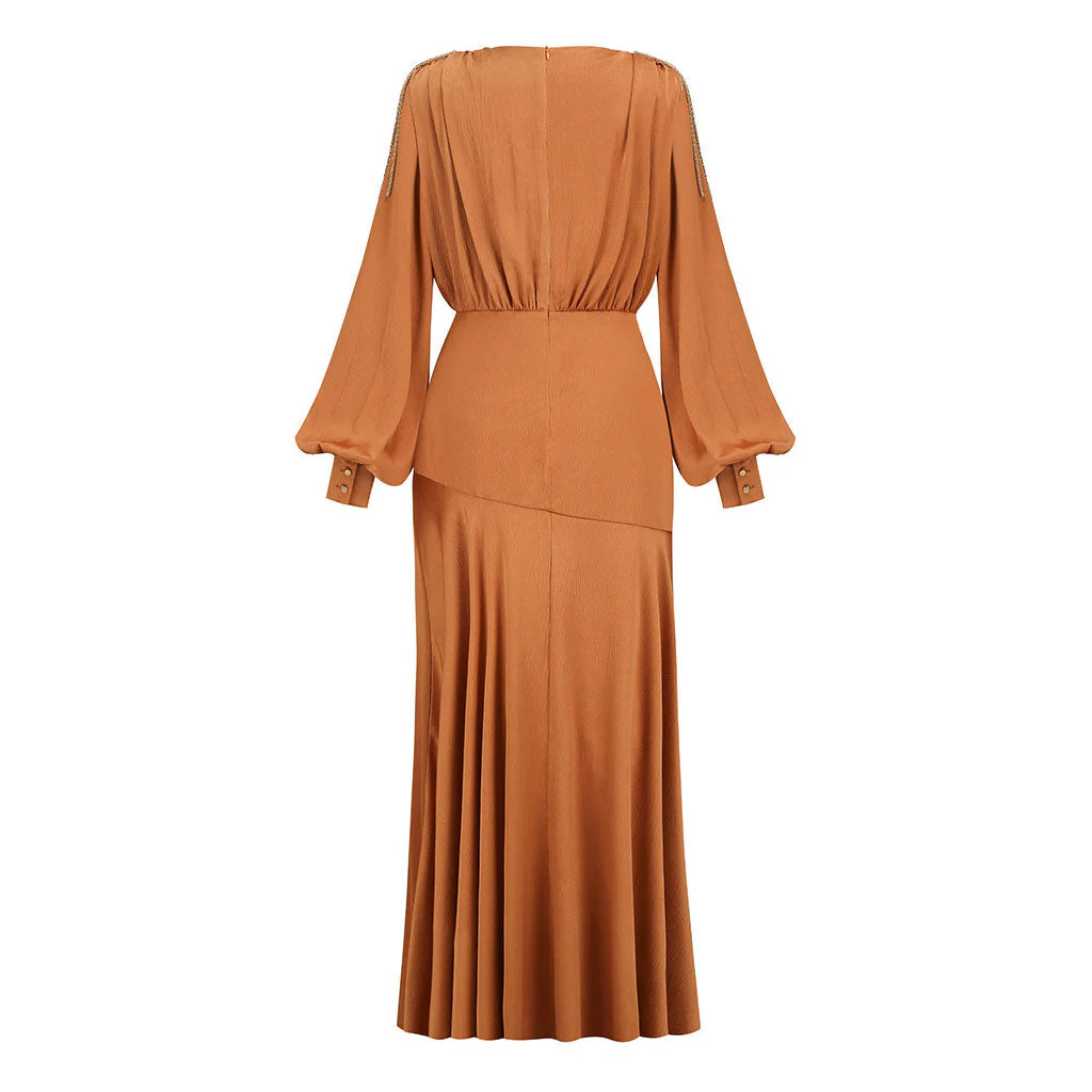 Snake Belted Fringe Bishop Sleeve Plunge Neck High Split Maxi Evening Dress - Image 2