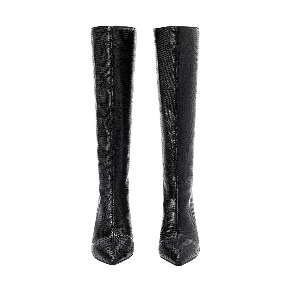 Snake Effect Leather Pointed Toe Knee High Stiletto Boots - Black - Image 2