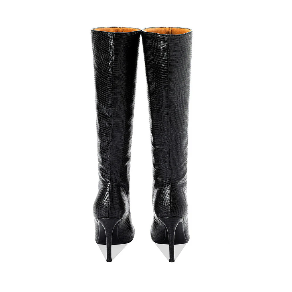 Snake Effect Leather Pointed Toe Knee High Stiletto Boots - Black - Image 3