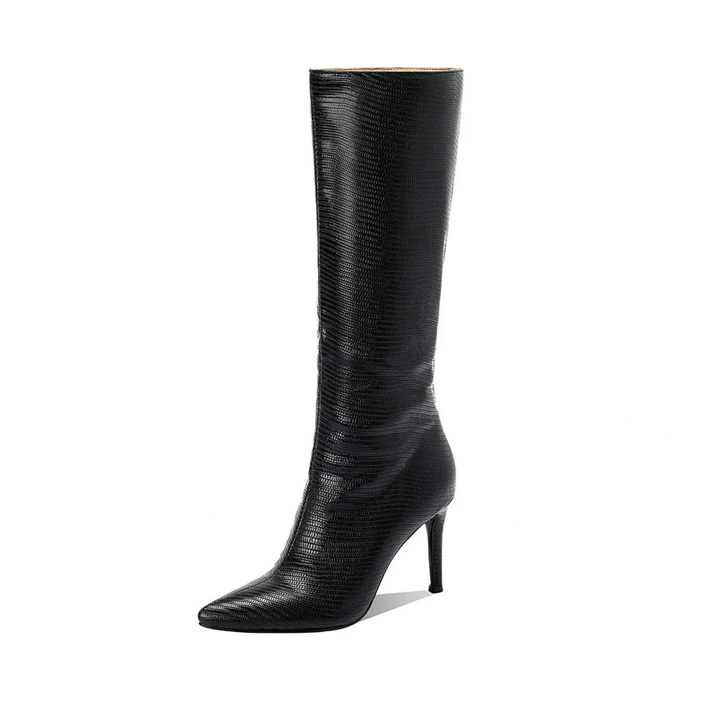 Snake Effect Leather Pointed Toe Knee High Stiletto Boots - Black - Image 4