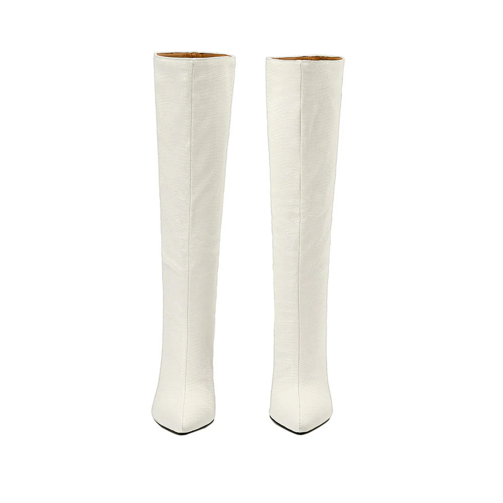 Snake Effect Leather Pointed Toe Knee High Stiletto Boots - Off White - Image 2