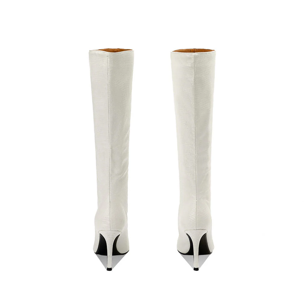 Snake Effect Leather Pointed Toe Knee High Stiletto Boots - Off White - Image 3