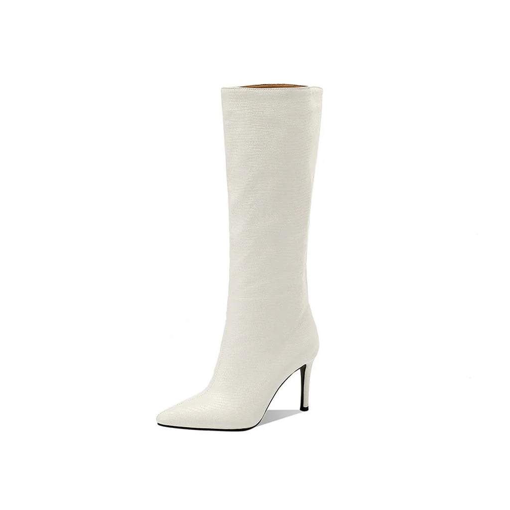 Snake Effect Leather Pointed Toe Knee High Stiletto Boots - Off White - Image 4