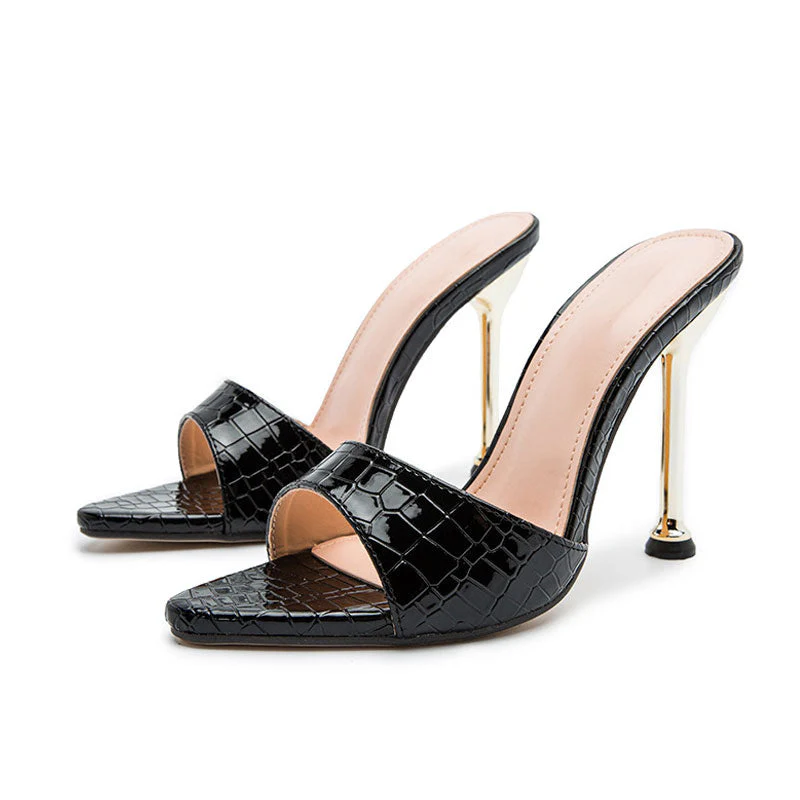 Snake Embossed Pointed Toe Unique High Heel Mules - Black - Image 3
