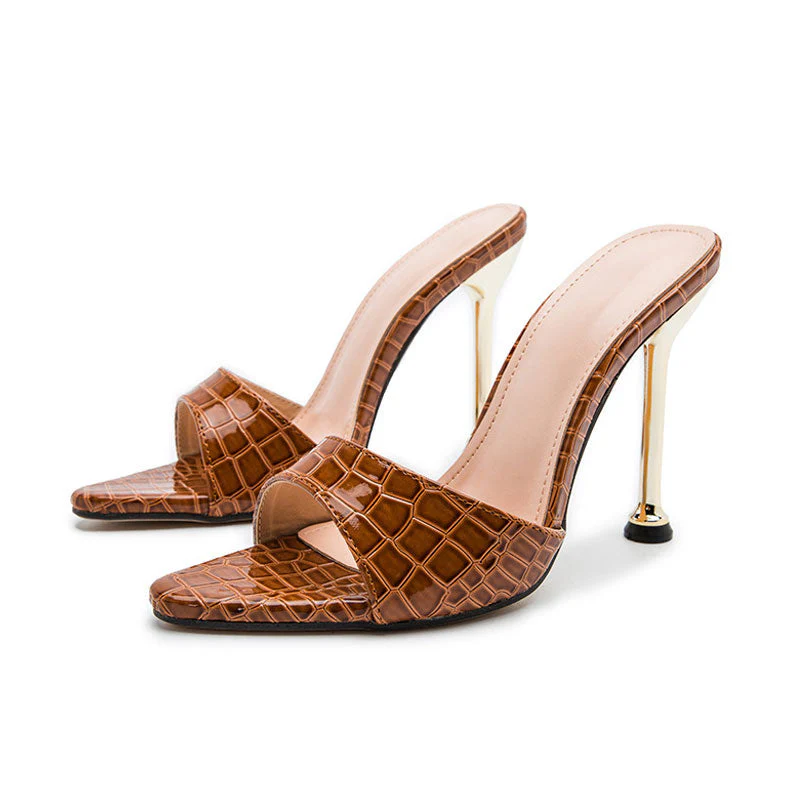 Snake Embossed Pointed Toe Unique High Heel Mules - Coffee - Image 3