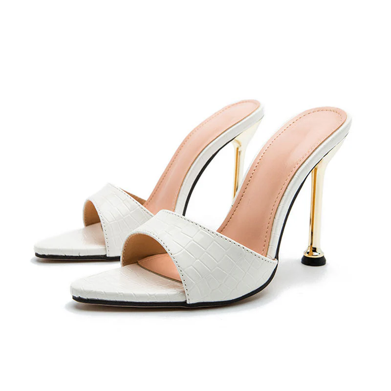 Snake Embossed Pointed Toe Unique High Heel Mules - White - Image 3